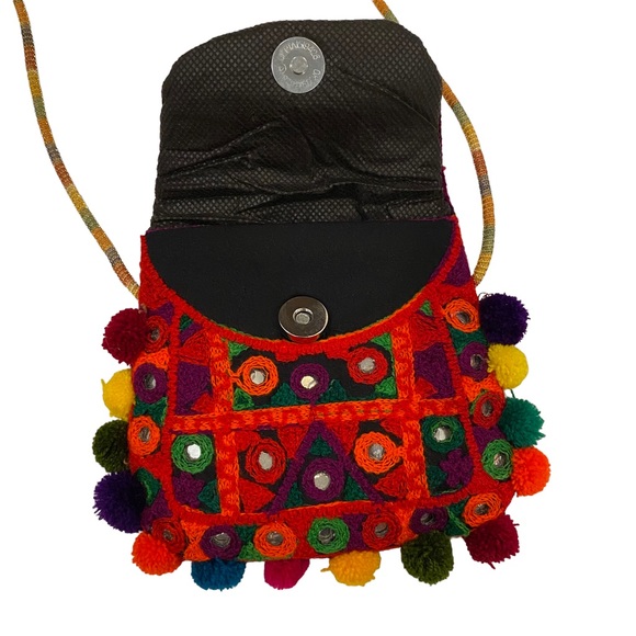Embroidered Mini Bag Pom Pom Multicolored Shoulder Bag - Picture 8 of 10